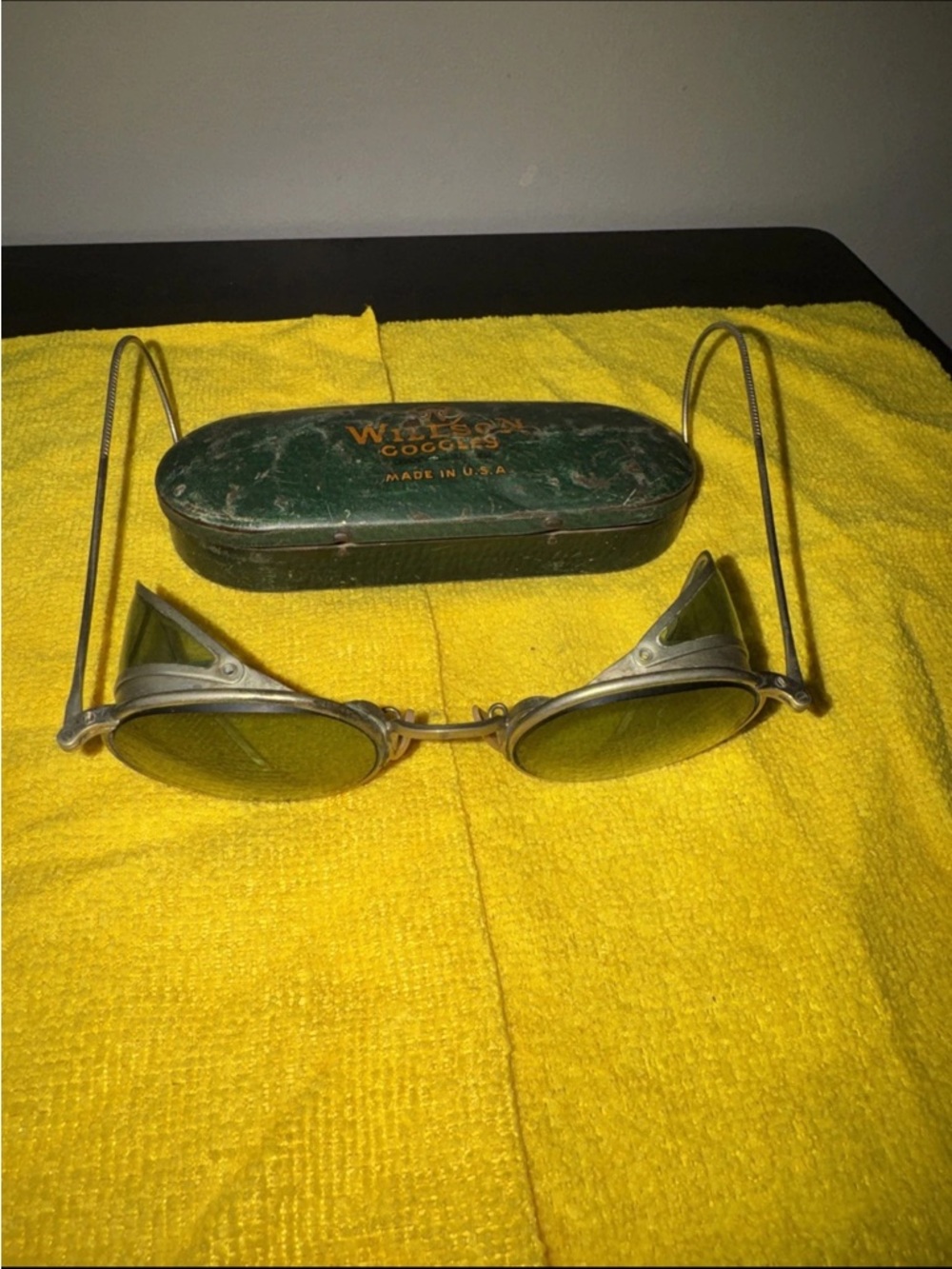 Antique Wilson Green Metal Goggles with Case